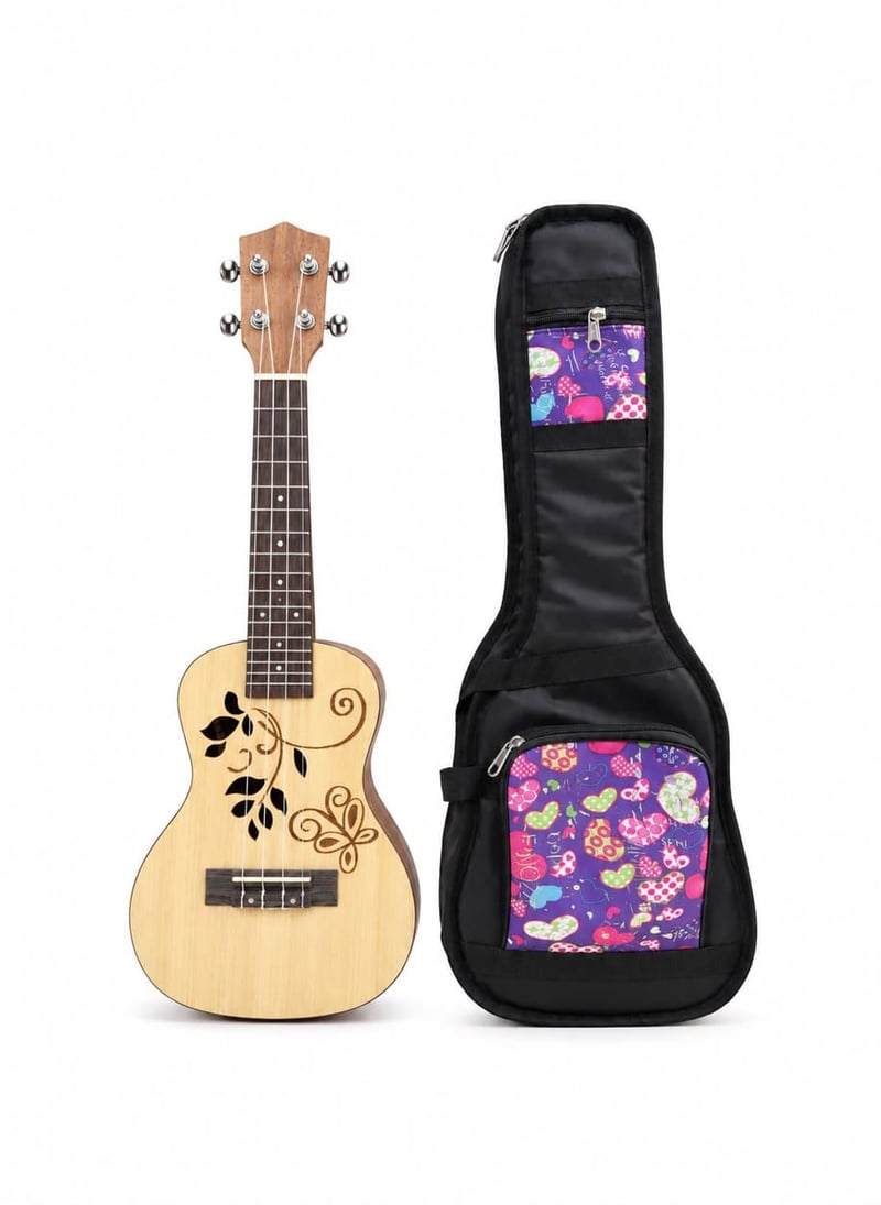Ukelele de Concierto Natural con Enredadera Grabada y Funda de Mariposas