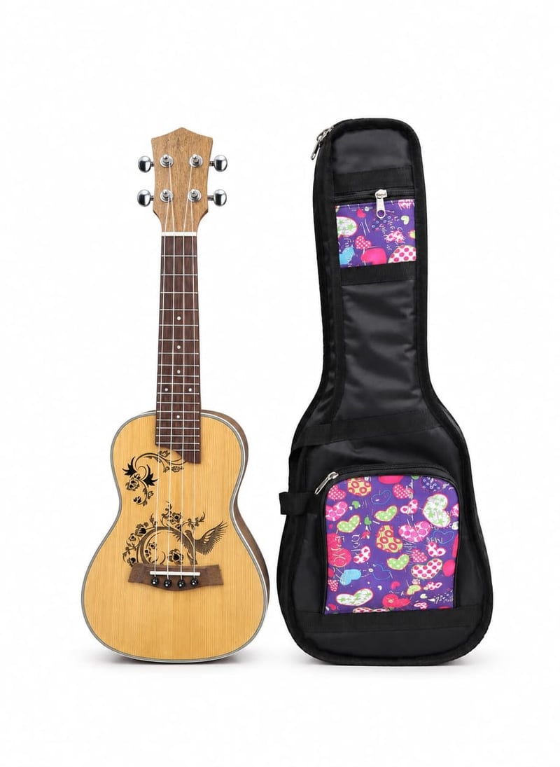 Ukelele de Concierto Natural con Roseta Grabada y Funda de Mariposas